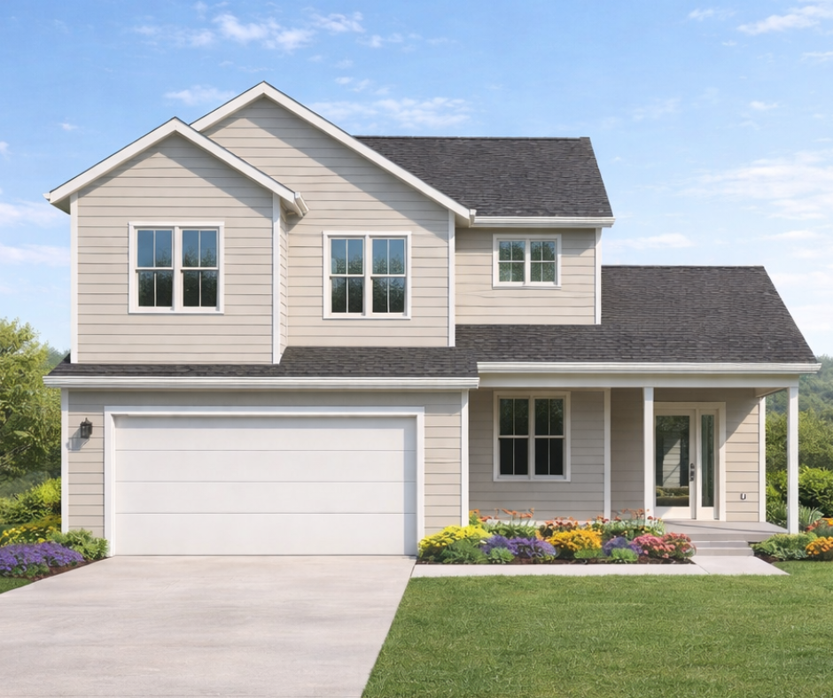 The Juniper floor plan in the Wildflower community in Litchfield, Illinois featuring a two-story design, covered front porch, and attached garage.
