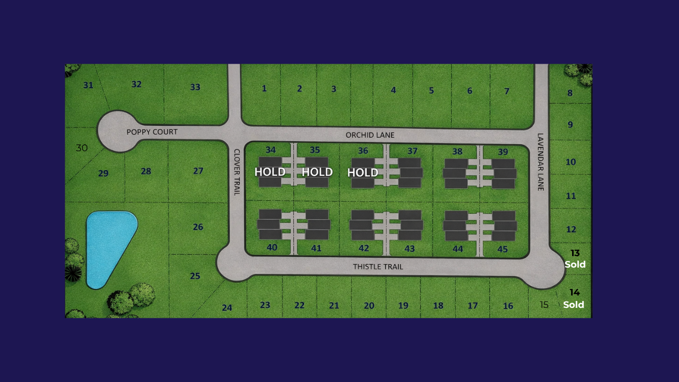 Site map of the Wildflower community in Litchfield, Illinois showing available homesites, townhomes, streets, and neighborhood layout.